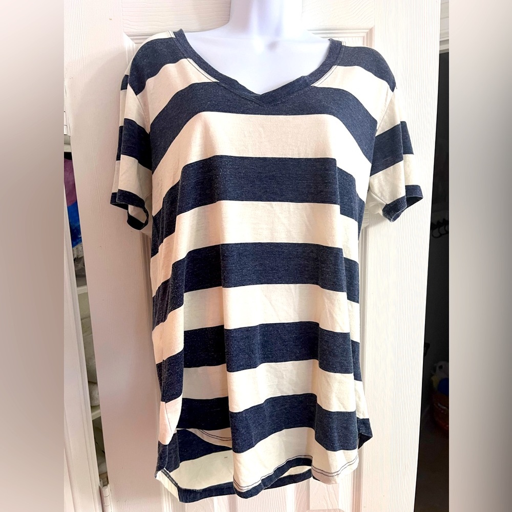 Size L, navy and white striped V-neck